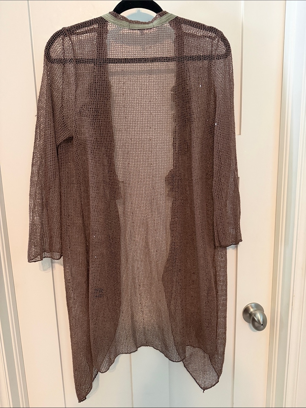 Scrap Work Linen and Cotton Blend Taupe Open-Knit Floral Trim Cardigan - Picture 5 of 7